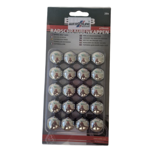 Radschraubenkappen Chrom – 19 mm, 20er Set