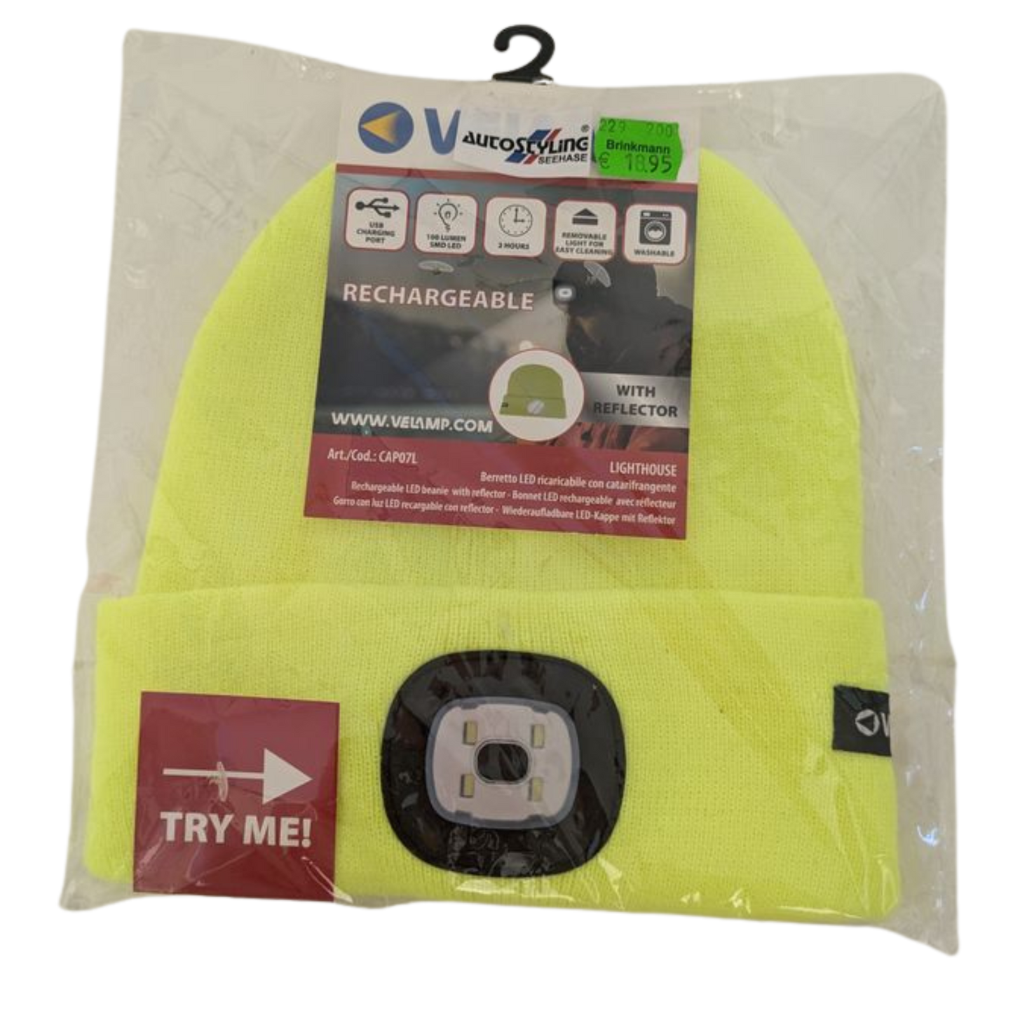 LED-Mütze mit SMD-LED – Wiederaufladbar, Gelb mit Reflektor